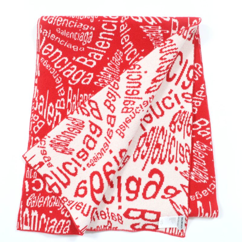 Balenciaga 583121 Virgin Wool Large Shawl Scarf With Logo Pattern Red Ivory S