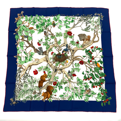 Hermes Carre 90 Silk U Coeur DES BOIS In The Woods Scarf Navy