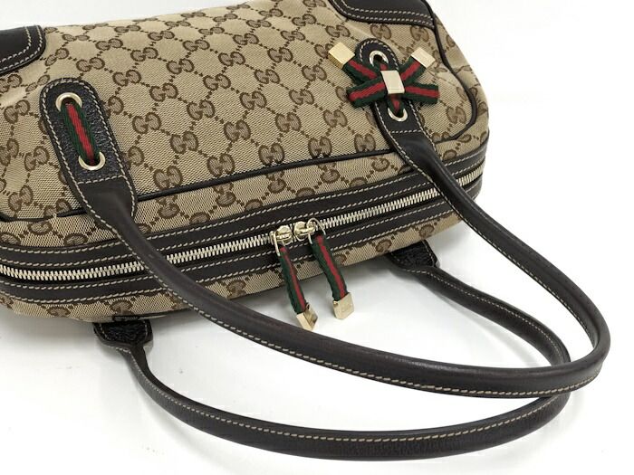 Gucci Shoulder Bag Sherry Line GG Canvas Leather Beige Dark Brown 161720