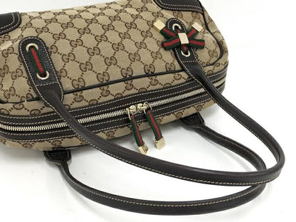 Gucci Shoulder Bag Sherry Line GG Canvas Leather Beige Dark Brown 161720