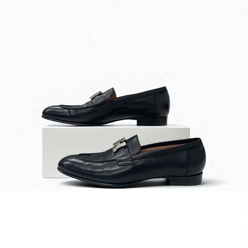 Hermes Paris Loafers Shoes Leather Black Silver Moccasins Flat Hhardware