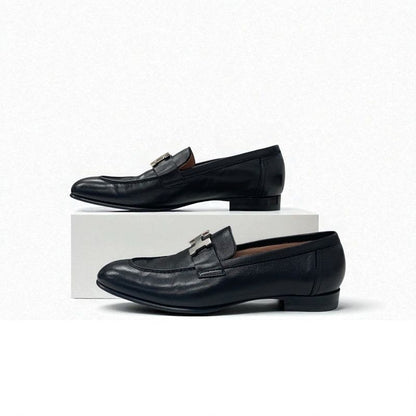 Hermes Paris Loafers Shoes Leather Black Silver Moccasins Flat Hhardware