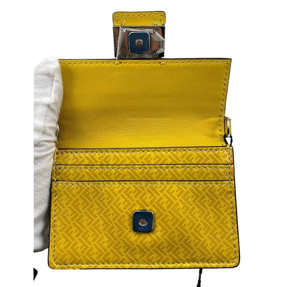 Fendi Flat Baguette Shoulder Bag Card Case Calf Leather Yellow Silver Hardware