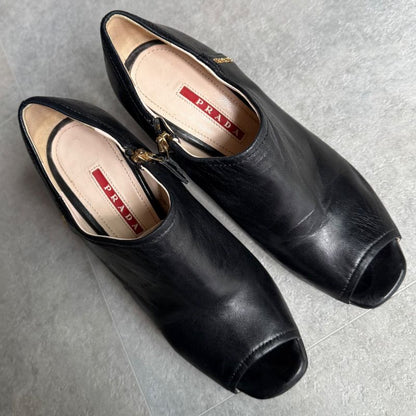 Prada Leather Wedge Sole Logo Booties 35 1 2 22.5cm (8.86in) Short Boots Black