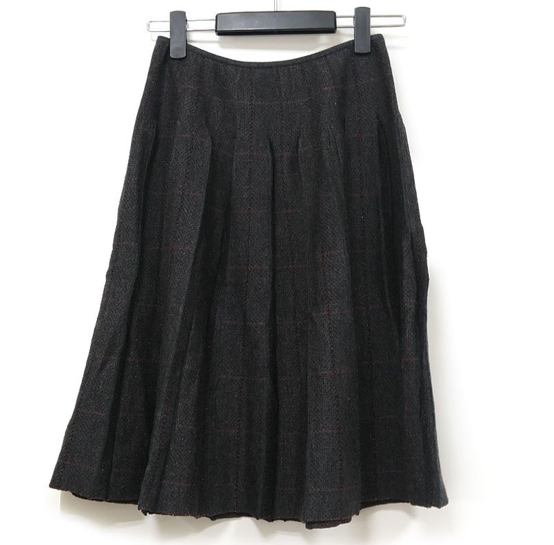 Chanel Knit Pleated Skirt 36 Wool Brown-gray Lamé Yarn