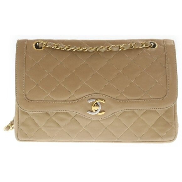 CHANEL CC Paris Limited Double Flap Bag Lambskin Matelasse Chain Beige