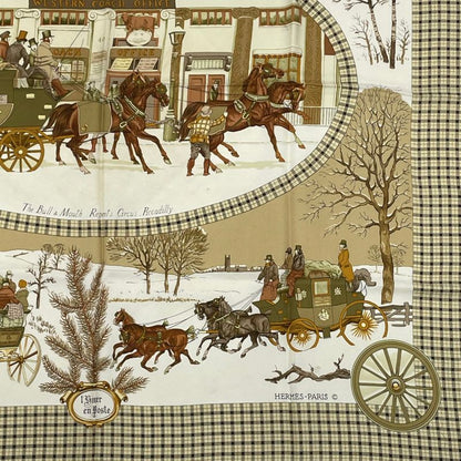 Hermes Scarf Carre 90 Lhiver EN Poste Winter Mail Coach 100% Silk Beige