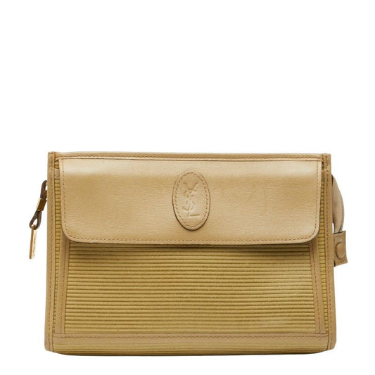 Saint Laurent YSL Logo Second Bag Clutch Bag Beige PVC Leather Women Saint
