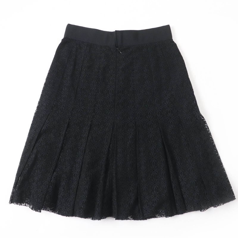 CHANEL P51456v38481 Chain Button Flower Lace Pleated Skirt Black 38 Made In