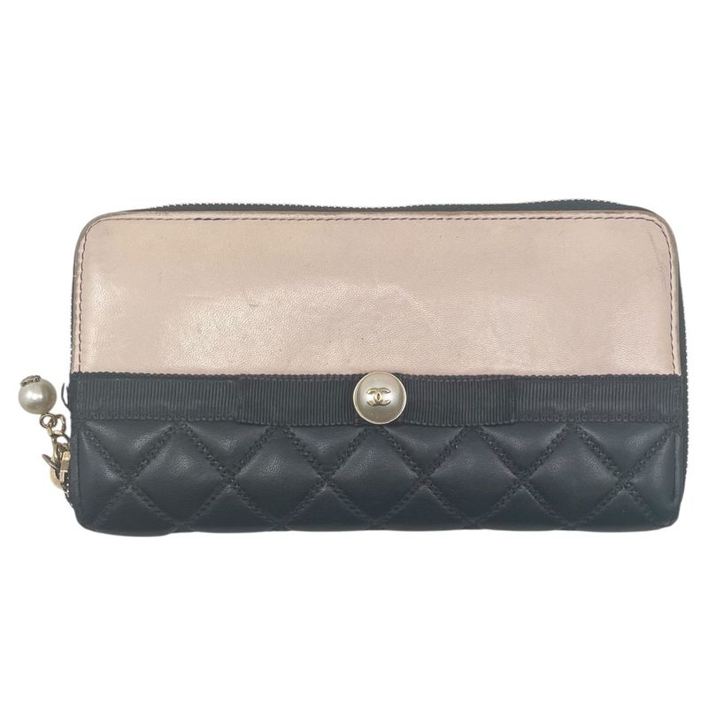 Em0840 Chanel Women's Long Wallet Pearl Zippy Wallet Black Beige