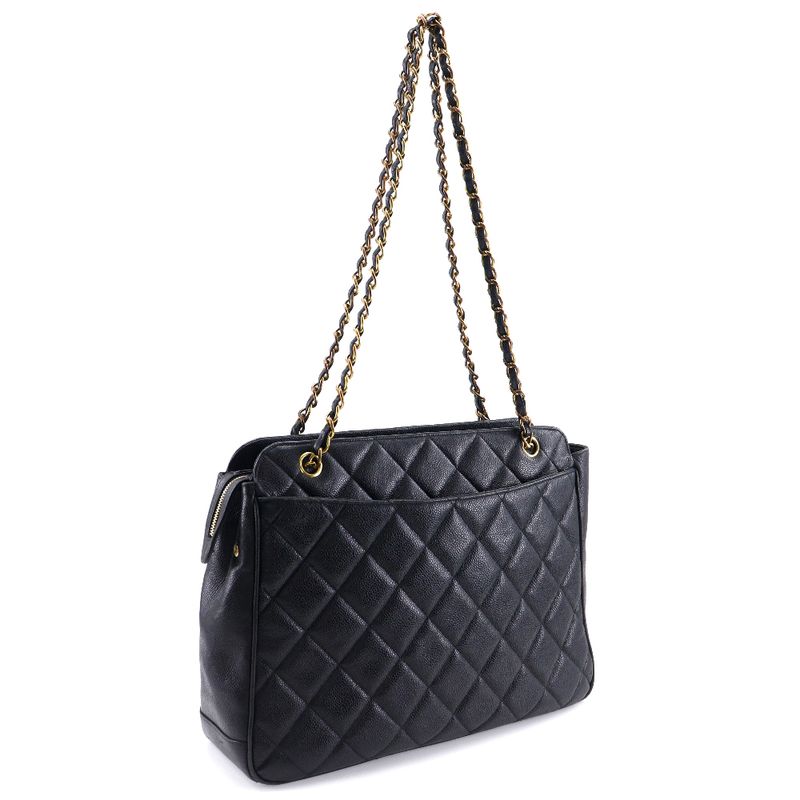Chanel Chain Tote Matelasse Shoulder Caviar Skin Black Ladies Tote Bag