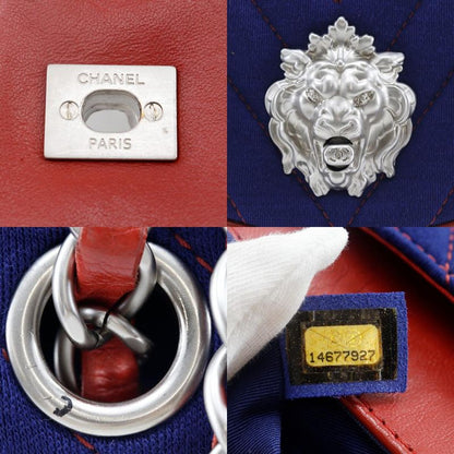 Chanel Double Chain Shoulder V-stitched Lion Chevron Cotton Navy Blue/red
