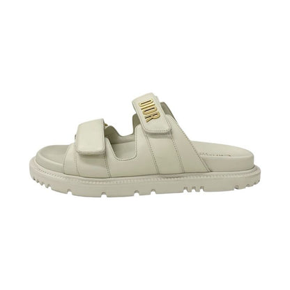 Christian Dioract Sandals Shoes Leather Ivory Gold Logo Velcro Strap