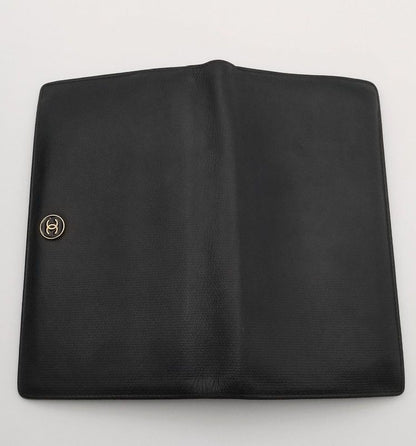 Chanel Long Wallet Coco Button Bifold Wallet Black Leather 60bs190