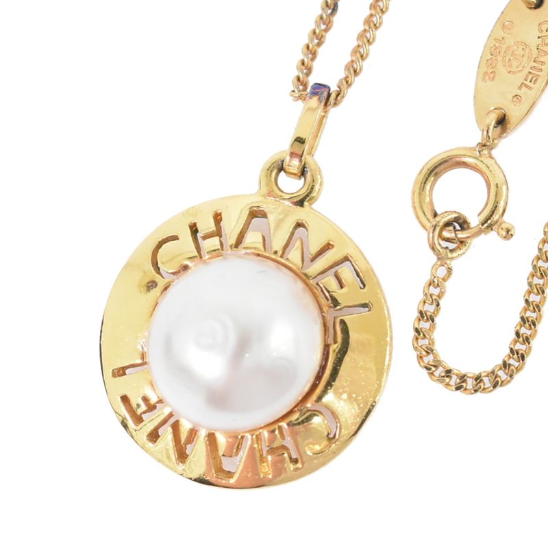 Authentic Chanel Logo Faux Pearl Necklace Pendant GP Gold Plated White Accessori