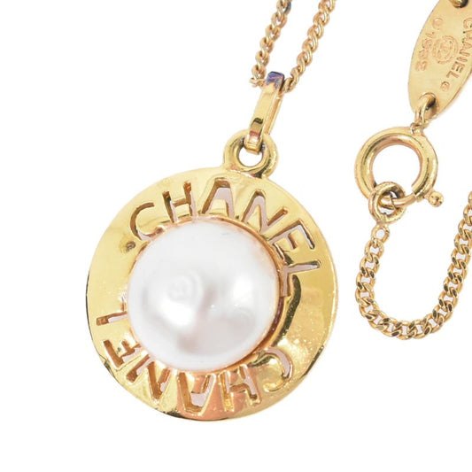 Authentic Chanel Logo Faux Pearl Necklace Pendant GP Gold Plated White Accessori