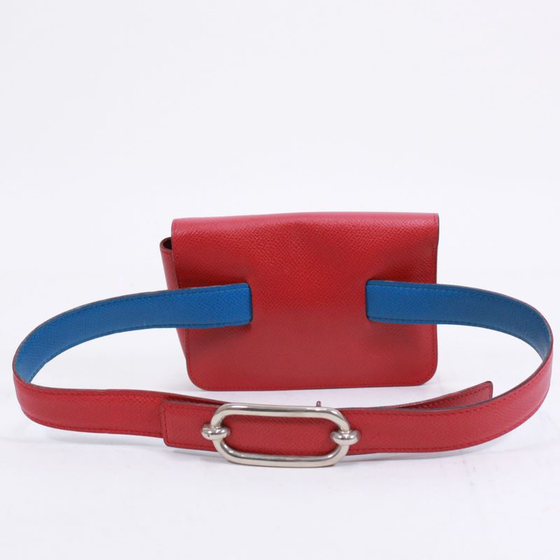 Hermes Pochette Green Courchevel Rouge Vif Blue France Waist Bag Leather Blue