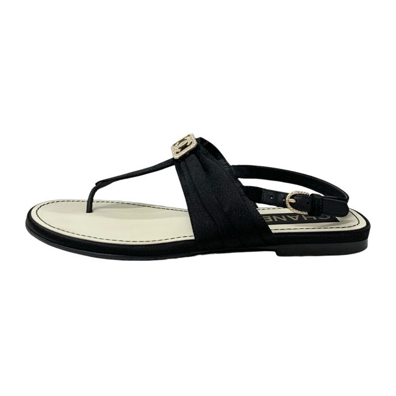 Chanel Sandals Shoes Satin Black Gold Here Mark Rhinestone Thong Flat