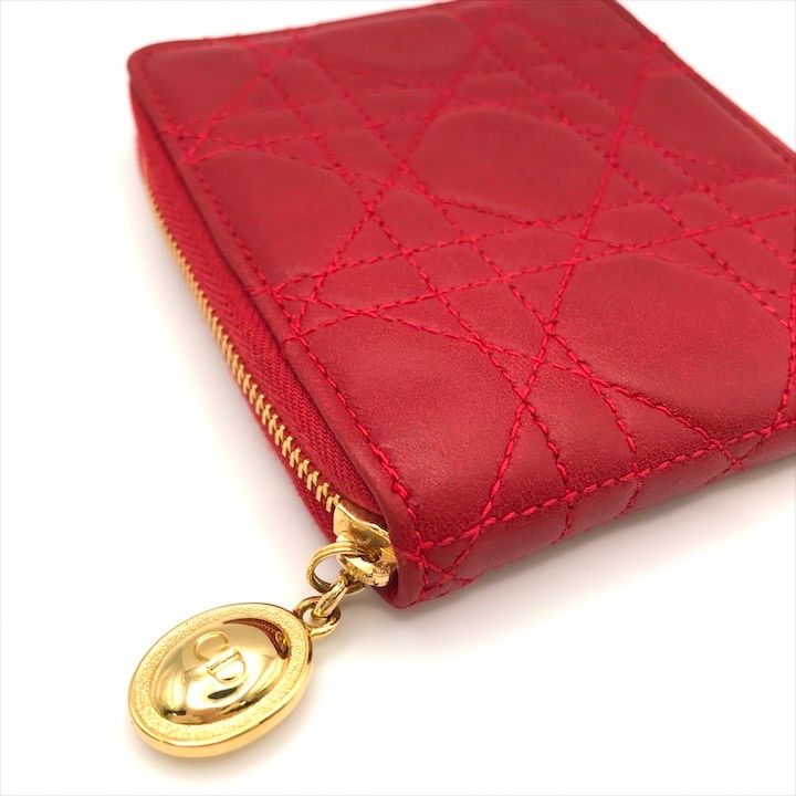 Dior Lady Cage Leather Bifold Round Compact Wallet Red