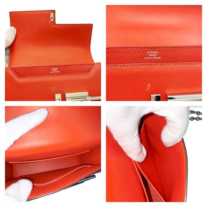 Hermes Leather Silver Hardware Velu Chain Mini Shoulder Bag Red Engraved a
