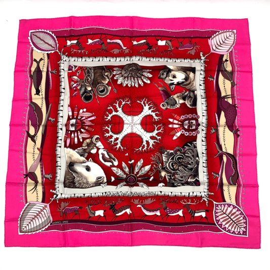 Hermes Carre 90 LA VIE DU Grand NORD Arctic Life Pink Scarf Silk