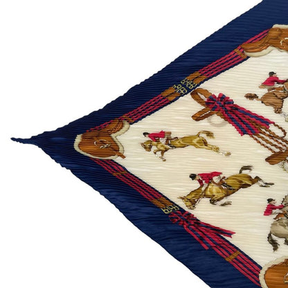 Hermes Scarf Pleated Silk Jumping Horse Riding Horse Navy And Red With Box