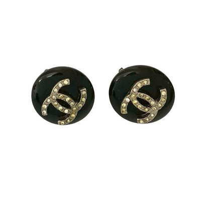Chanel Vintage Coco Mark Motif Plastic Plated Earrings Black 96A