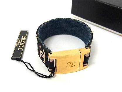 Chanel Coco Mark Canvas Bracelet Accessories Women's Black And Pink Beige