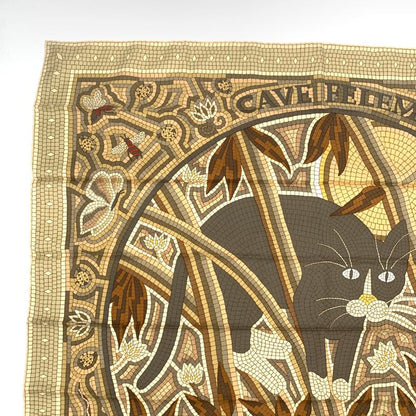 Hermes Carre 90 CAVE Felem Note The Cat Beige Scarf 100% Silk