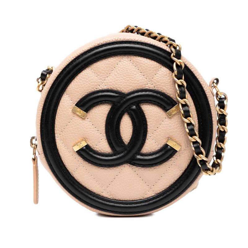 Chanel Matelasse CC Filigree Chain Shoulder Bag Beige Black Caviar Skin Women