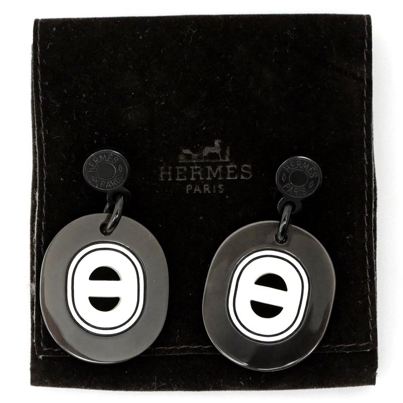 Hermes Earrings Fidelio Village PM Buffalo Horn Dark Brown White