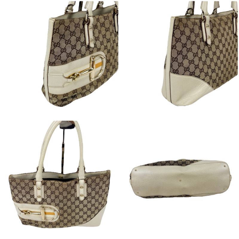 Gucci Tote Bag Hustler Bit Horsebit GG Canvas White Brown Leather Shoulder