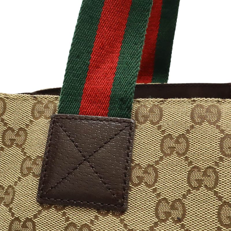 Gucci GG Canvas Sherry Line Tote Bag Large Tote Shoulder Bag Leather Khaki