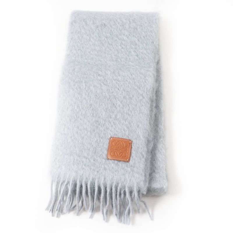 LOEWE Mohair Wool Anagram Leather Patch Fringed Scarf Gray Made In Spain