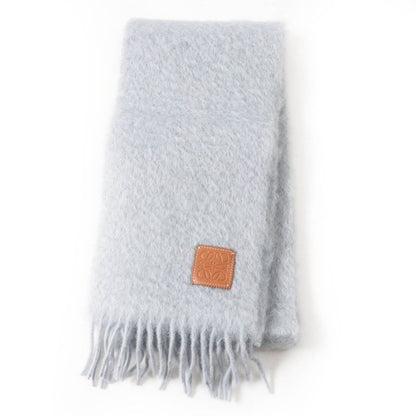 LOEWE Mohair Wool Anagram Leather Patch Fringed Scarf Gray Made In Spain