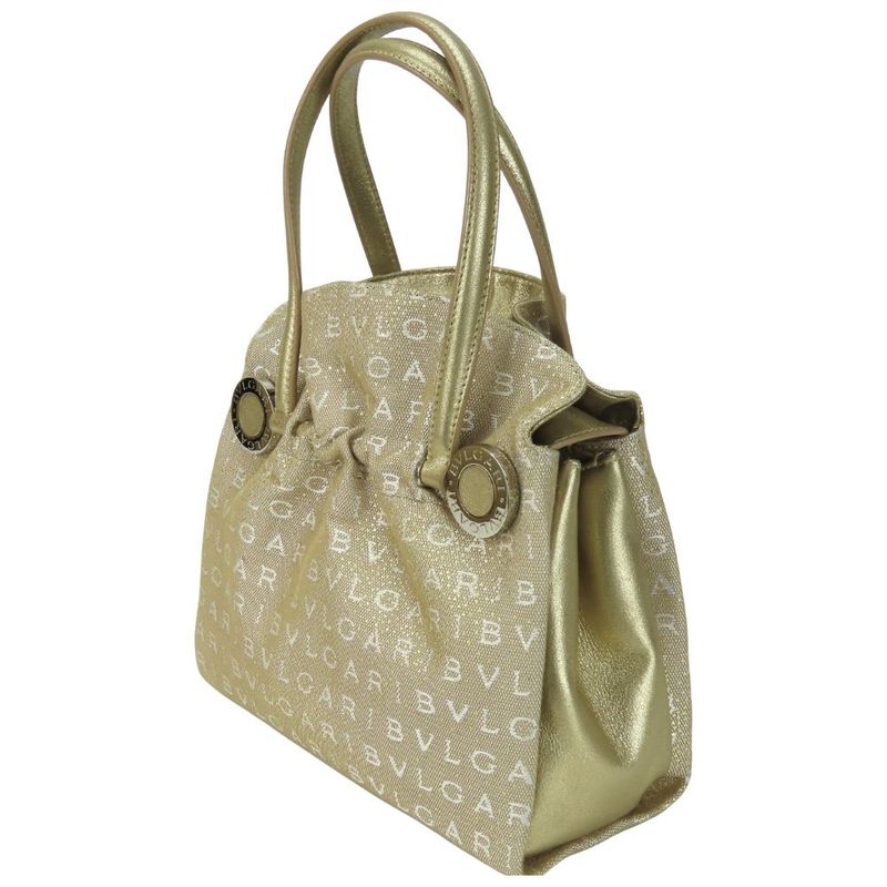 Bvlgari Handbag Logomania Canvas Leather Gold Beige White Mini Bag Casual For