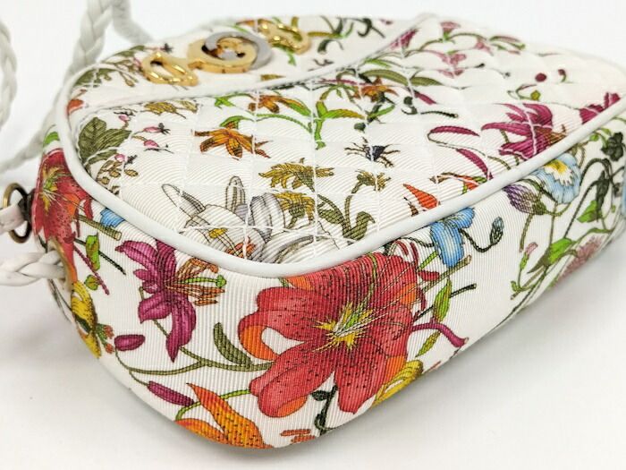 Gucci Flora Mini Shoulder Bag Horsebit Canvas Leather White Multicolor 534951