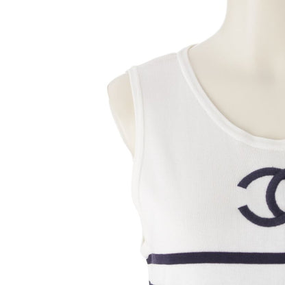 Chanel Cotton Vintage Coco Mark Striped Sleeveless Dress White 40