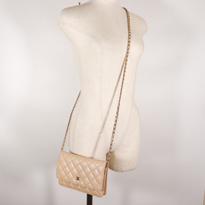 Chanel Classic Chain Wallet Matelasse Long Wallet In Calf And Caviar Skin Beige