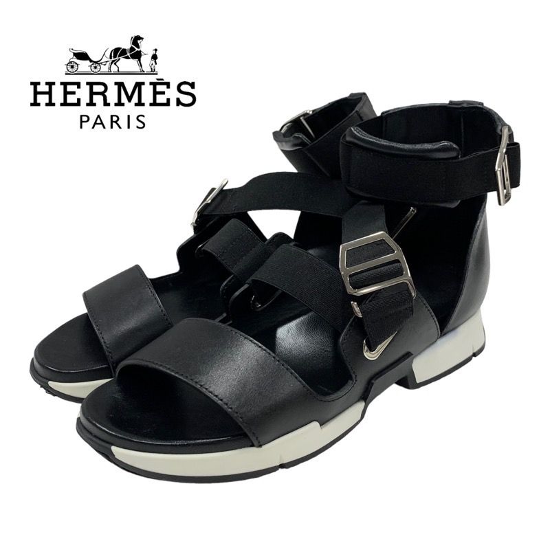 Hermes Sandals Shoes Leather Black Strap