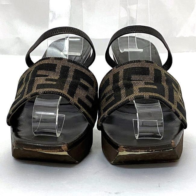 Fendi Sandals Khaki Brown Zucca Heels 22.5cm (8.86in)