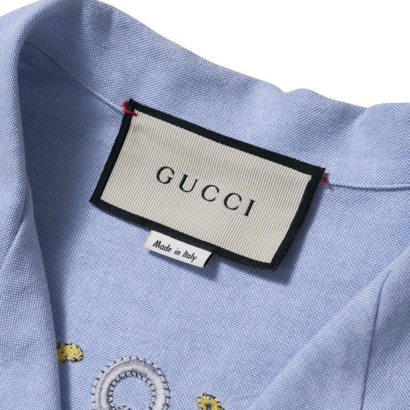 Gucci Short Sleeve Shirt Size 46 Open Collar Cotton Embroidered Blue Made In