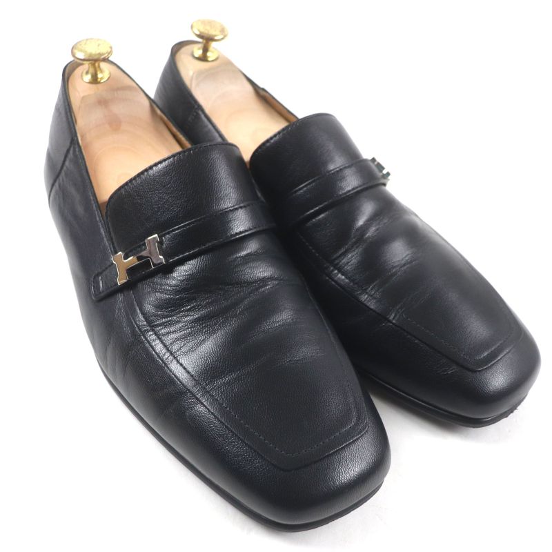 Hermes 2023 231992 Leather Silver Hardware H Logo Square Toe 2 Way Loafer