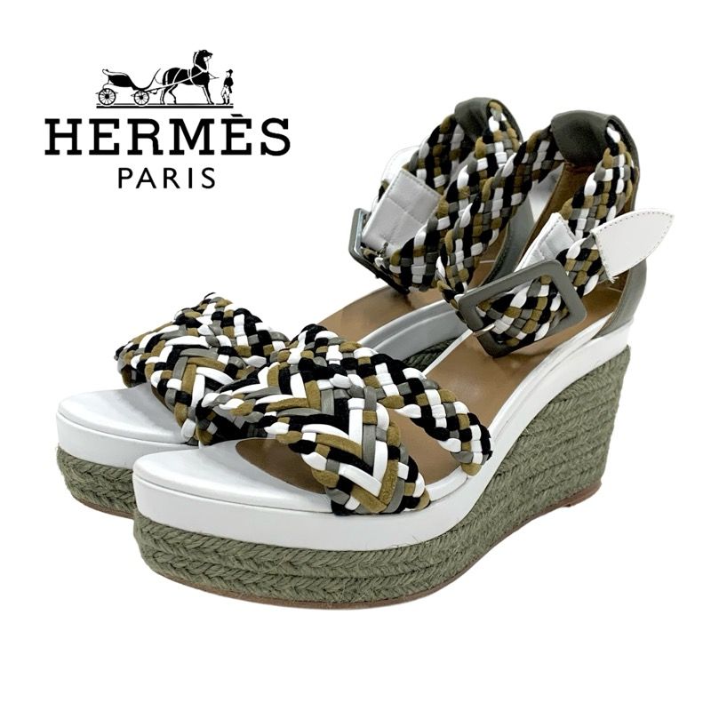 Hermes Sandals Shoes Leather Suede Khaki White Black Braided Wedge Sole