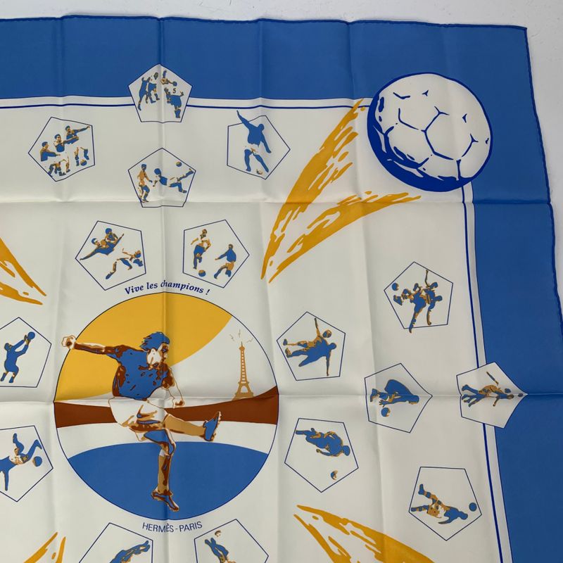 Hermes Scarf Silk Carre 90 Vive Les Champions! Viva Champions Soccer Blue