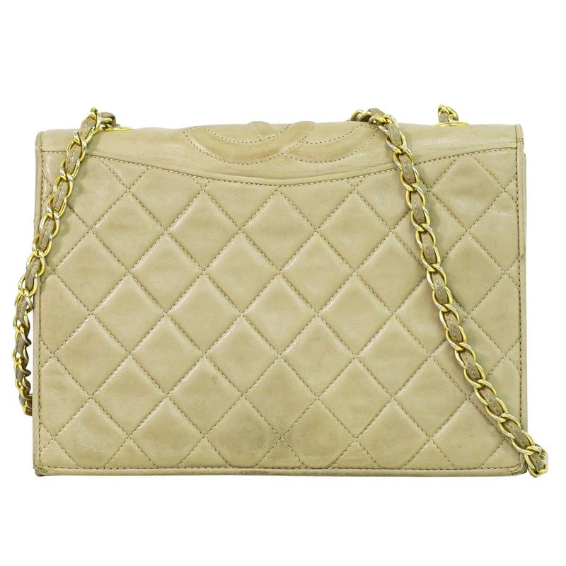 Authentic Chanel Matelasse Coco Mark Chain Shoulder Bag Lambskin Leather Beige