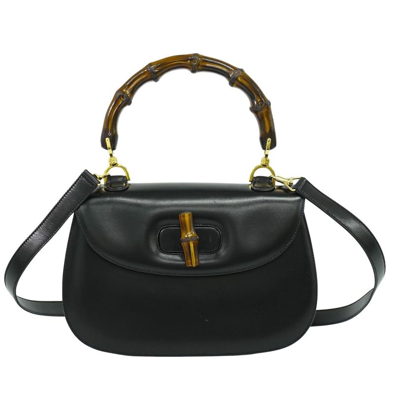 Authentic Gucci Bamboo 2WAY Shoulder Bag Handbag Pochette Leather Black Bamboo