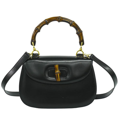 Authentic Gucci Bamboo 2WAY Shoulder Bag Handbag Pochette Leather Black Bamboo