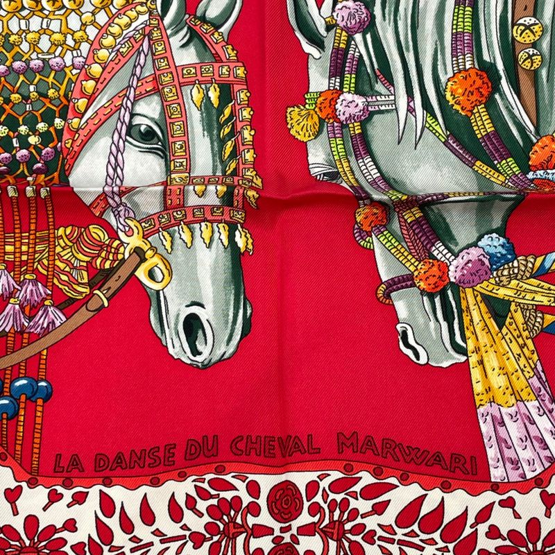 Hermes Scarf Carre 90 LA Danse DU Cheval Marwari Dancing Horses Silk Red