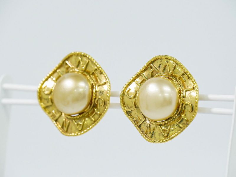 Authentic Chanel Logo Faux Pearl Earrings GP Gold Plated White Accessories